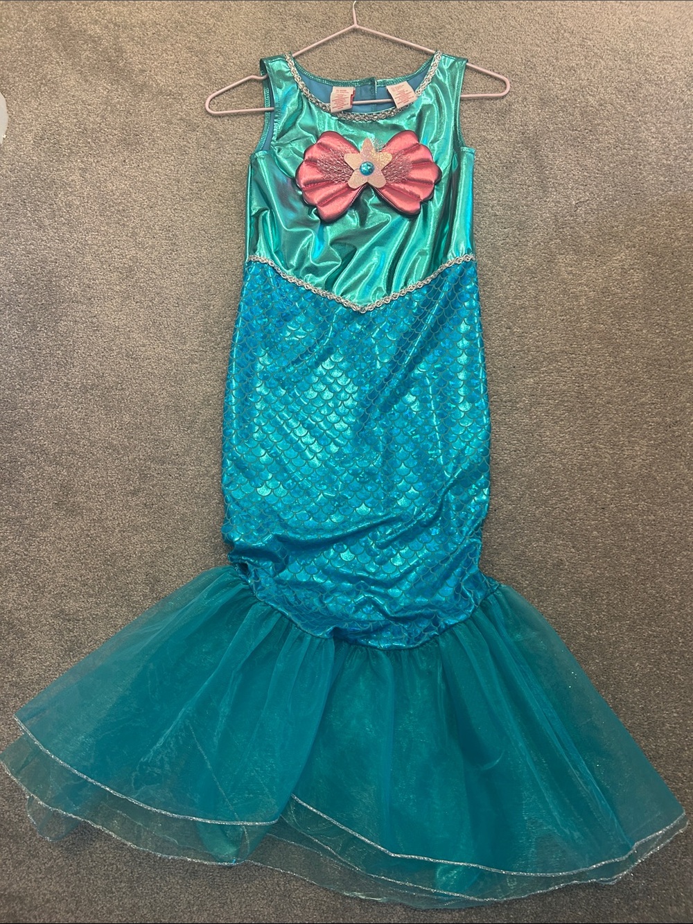 Girls Teal Mermaid Costume Dress with Pink Shell Accent